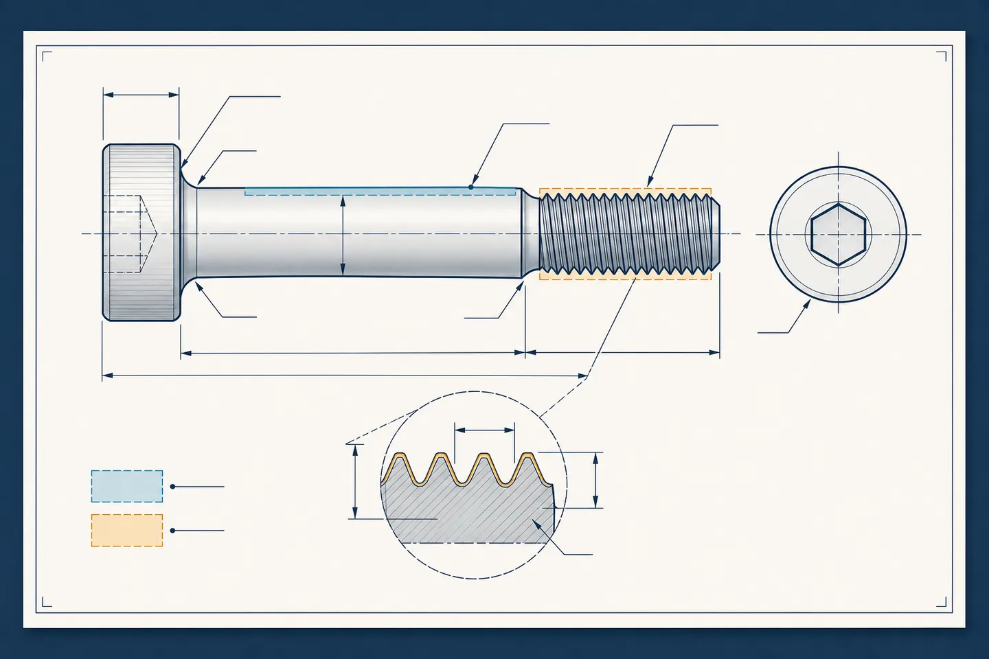 Generic custom bolt drawing with thread, shoulder, tolerance and coating callout zones