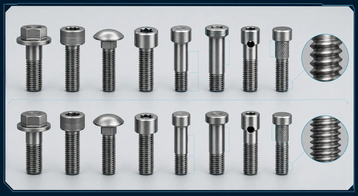 Custom bolt head, drive, shank, shoulder and metric or inch thread feature comparison