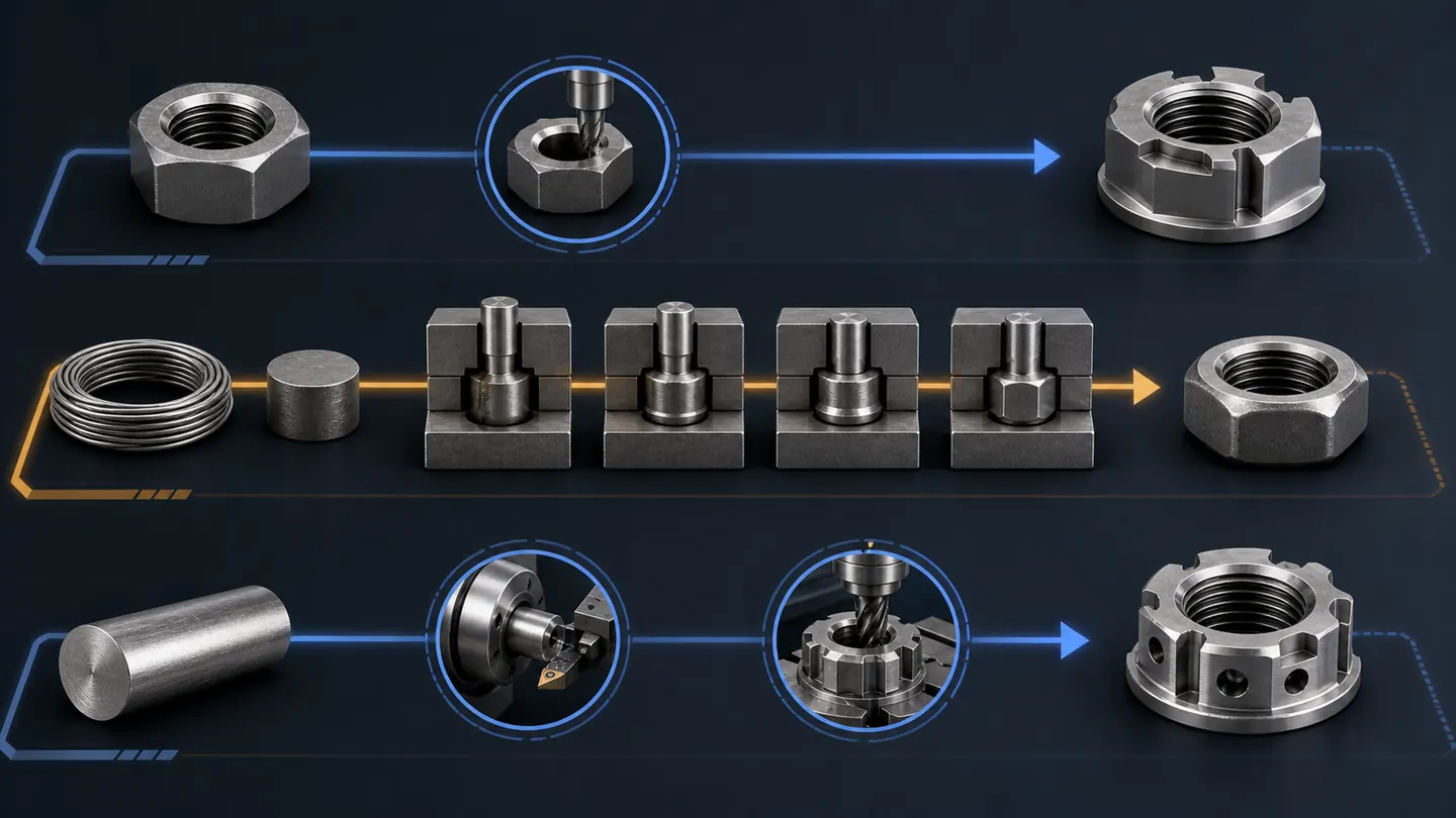 Modified-standard, cold-forging and machining routes for drawing-defined custom nuts