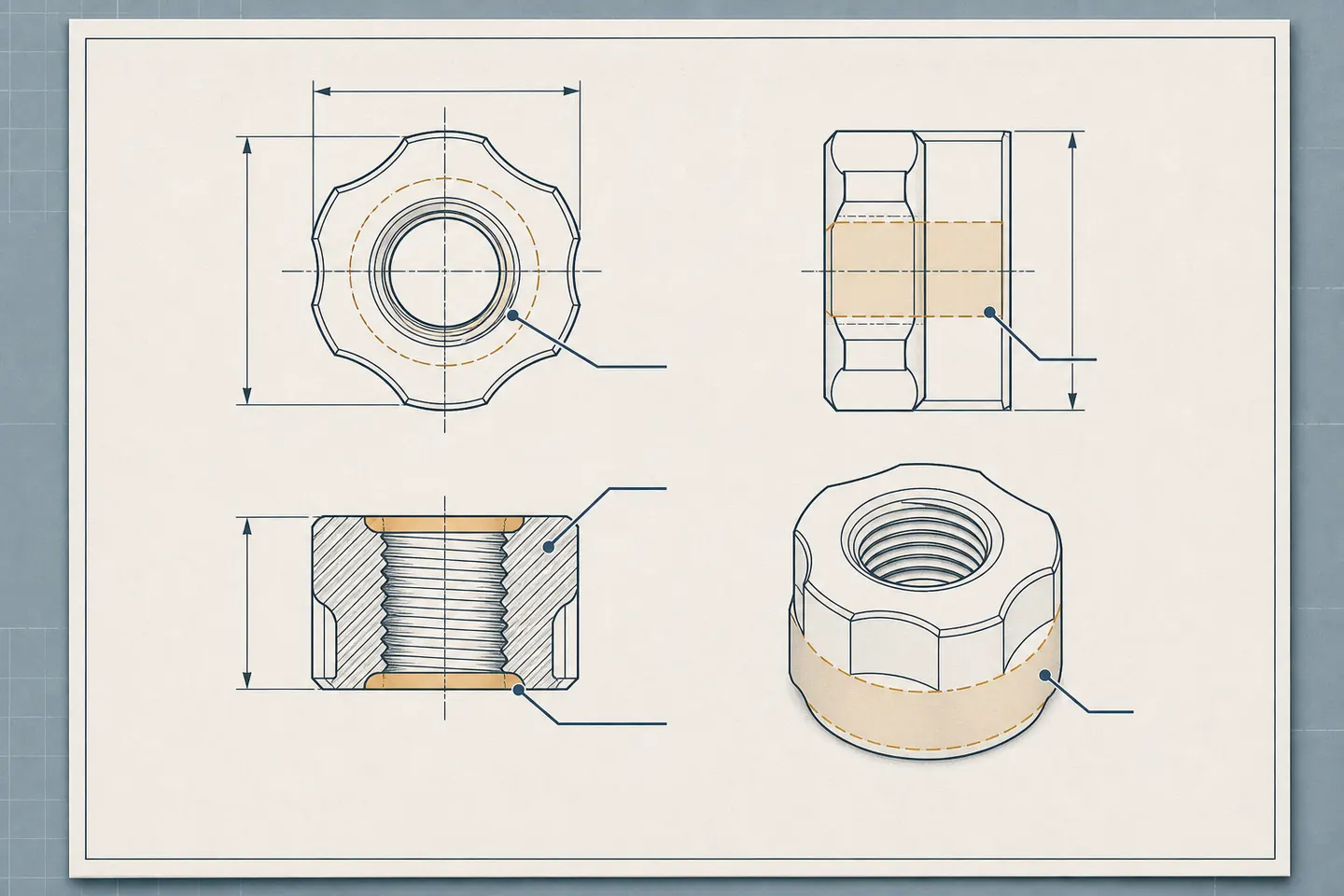 Generic custom nut drawing with thread, height, bearing-face and coating callout zones