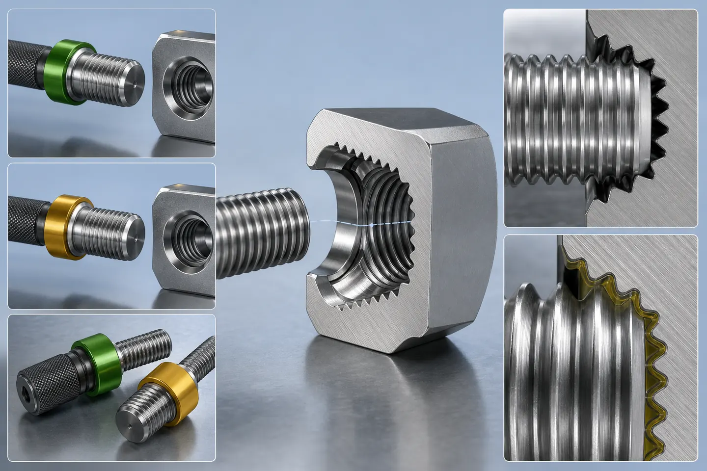 Cutaway custom nut with mating stud, thread engagement and plug-gauge inspection concepts