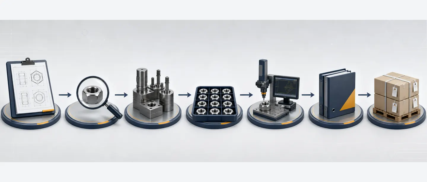 Custom nut drawing review, tooling, sample, inspection, documentation and packing workflow