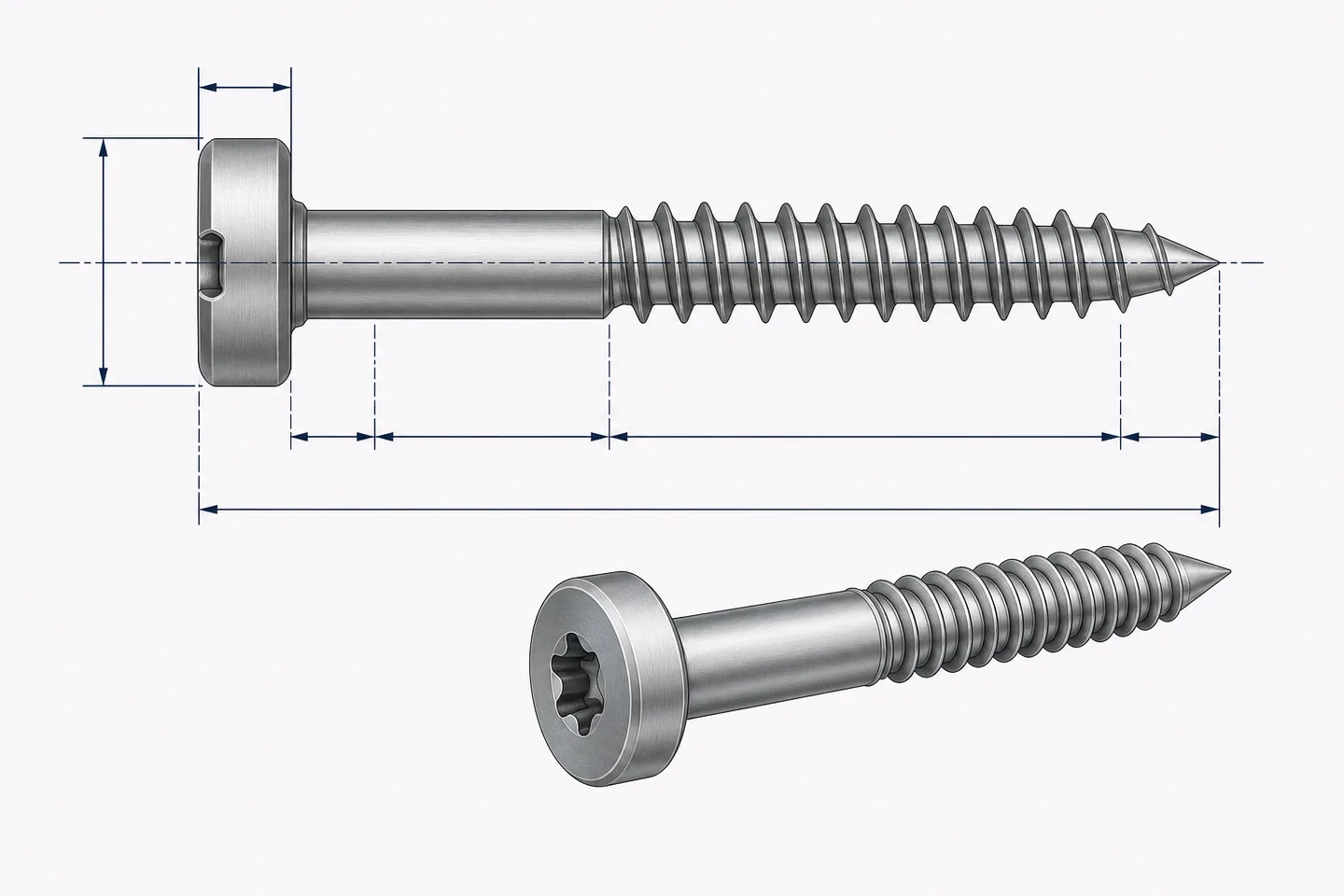 Custom screw drawing showing head, drive, shank, thread, point and critical dimensions