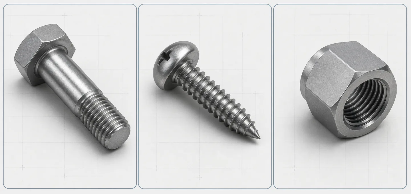 Three-panel custom fastener comparison showing separate bolt, screw and nut requirement paths