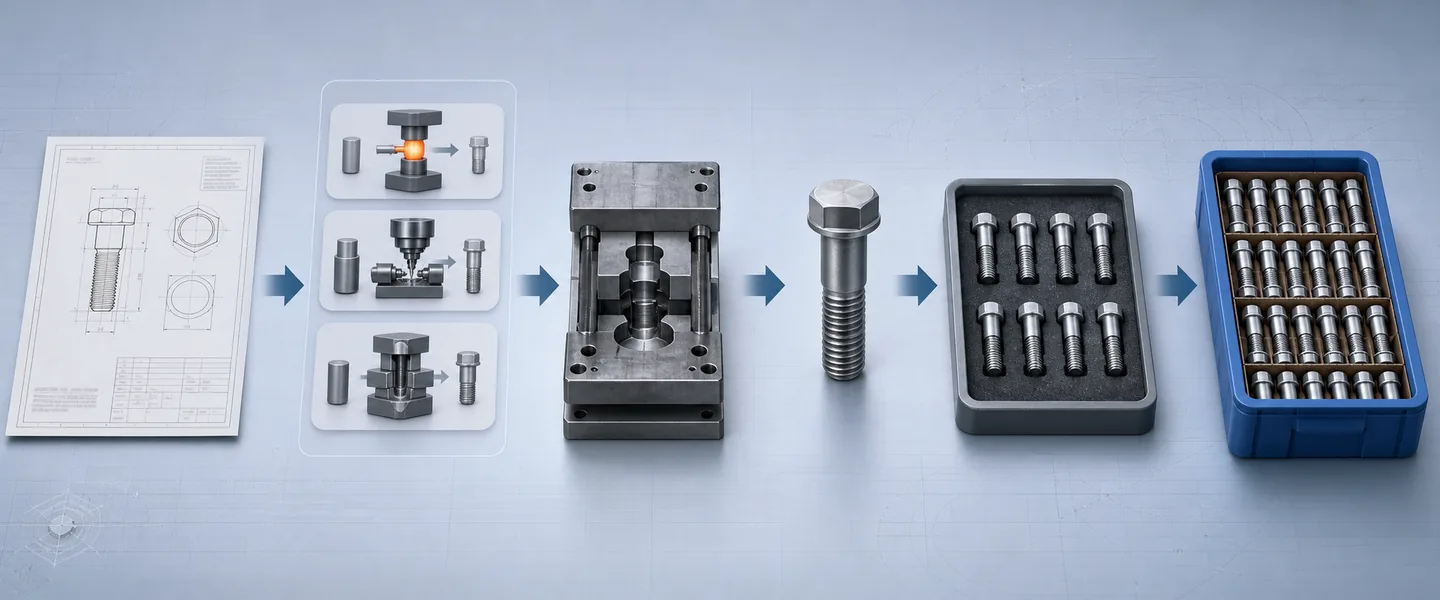 Custom fastener workflow from drawing and process review through tooling, sample approval and serial packing