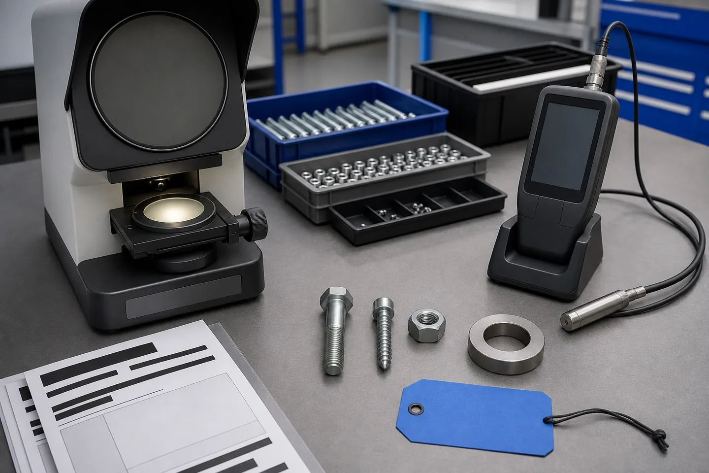 Custom fasteners beside unmarked inspection tools, redacted records and traceability sample trays