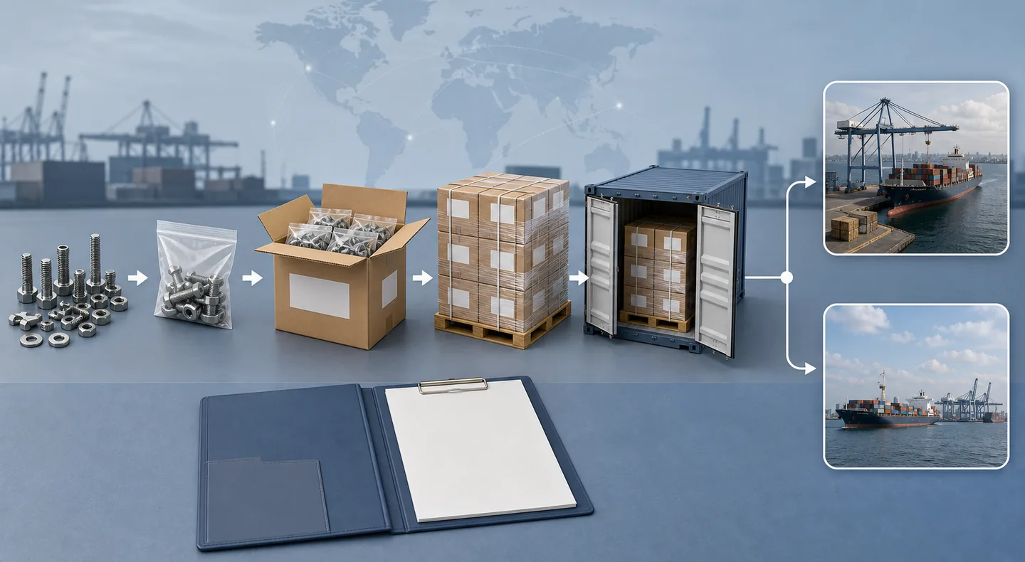Custom fastener export flow from protective packaging to pallet, container and destination-port review