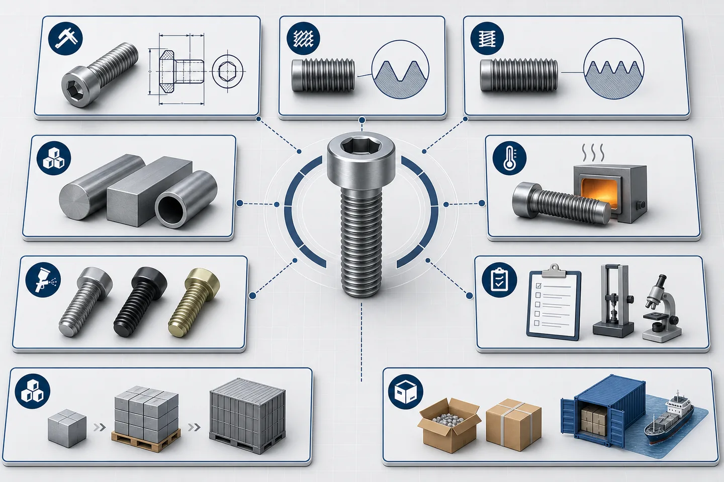 Custom fastener RFQ matrix for geometry, thread, material, finish, testing, quantity and export packaging