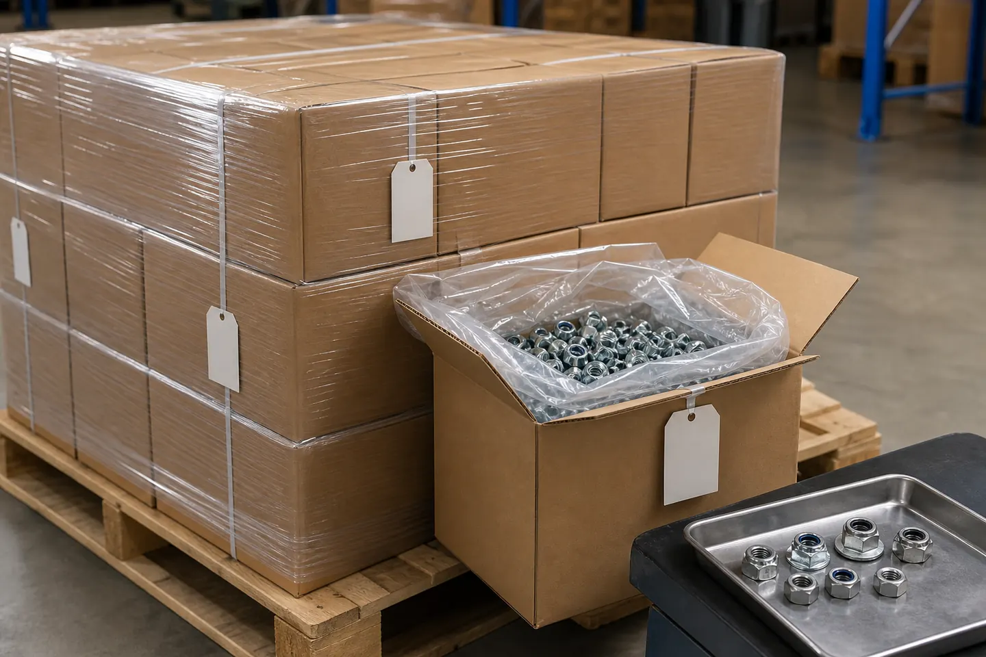 Sealed cartons and labeled pallets of bulk lock nuts prepared for representative export packing