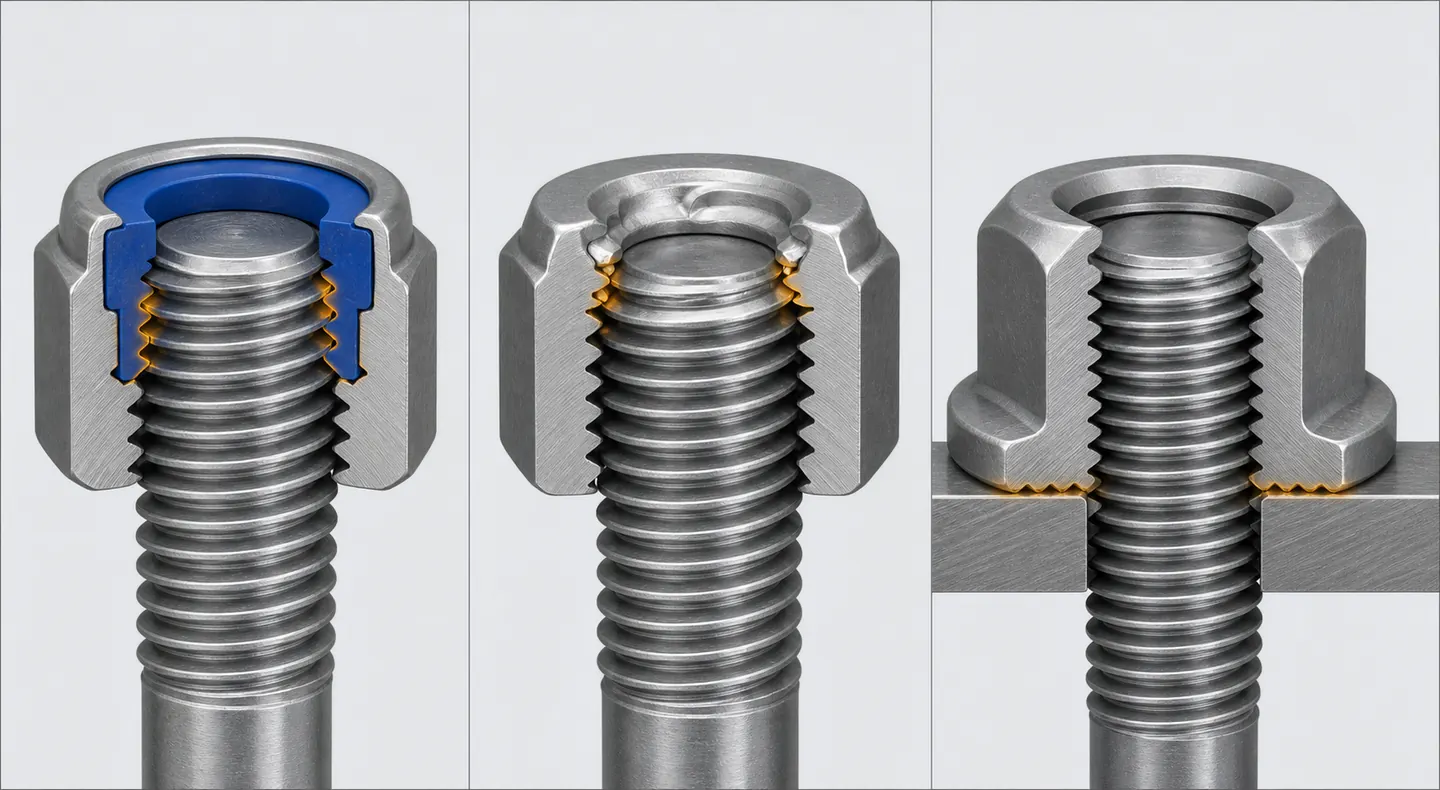 Cutaway comparison of nylon insert, all-metal prevailing torque and flange locking mechanisms