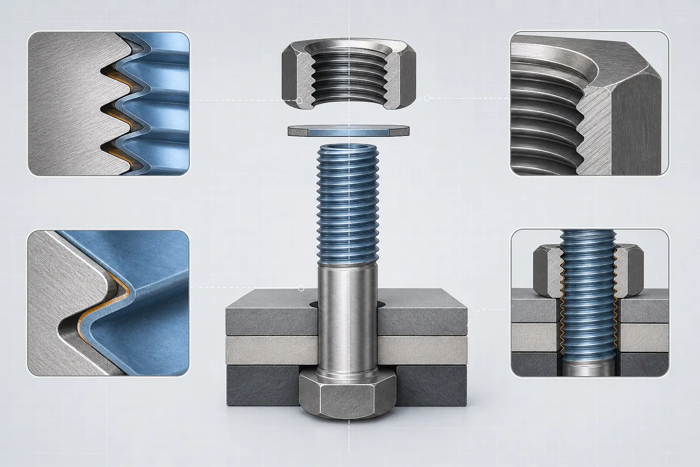 Exploded technical view of lock nut thread, mating bolt class, coating and engagement checks