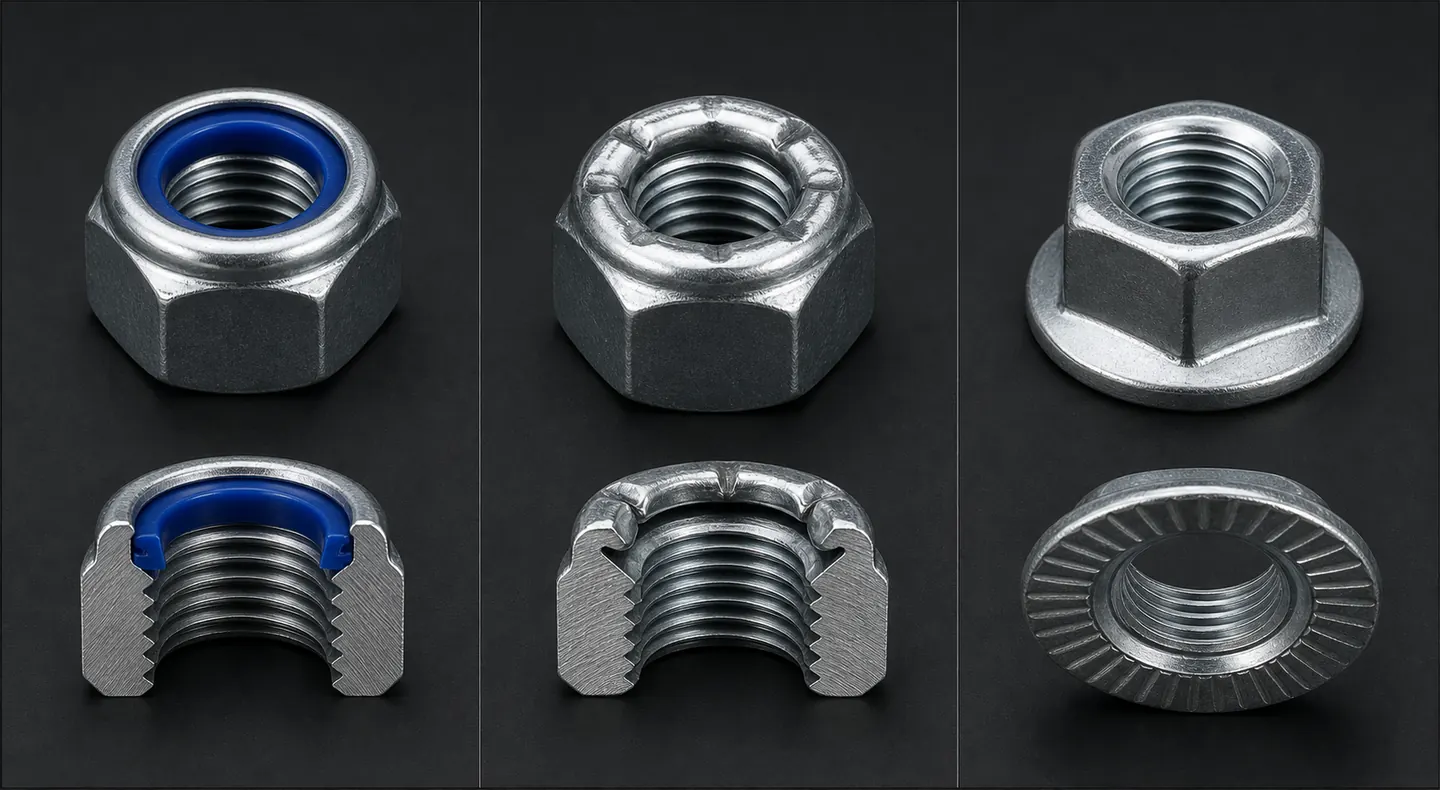 Nylon insert, all-metal and flange lock nut types shown in a technical selection comparison