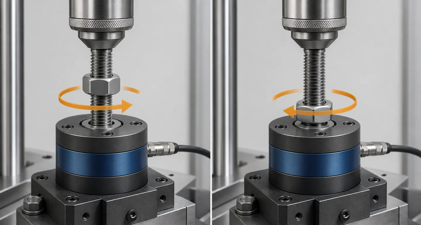 Technical test concept showing prevailing-on and prevailing-off rotation of a lock nut on a bolt