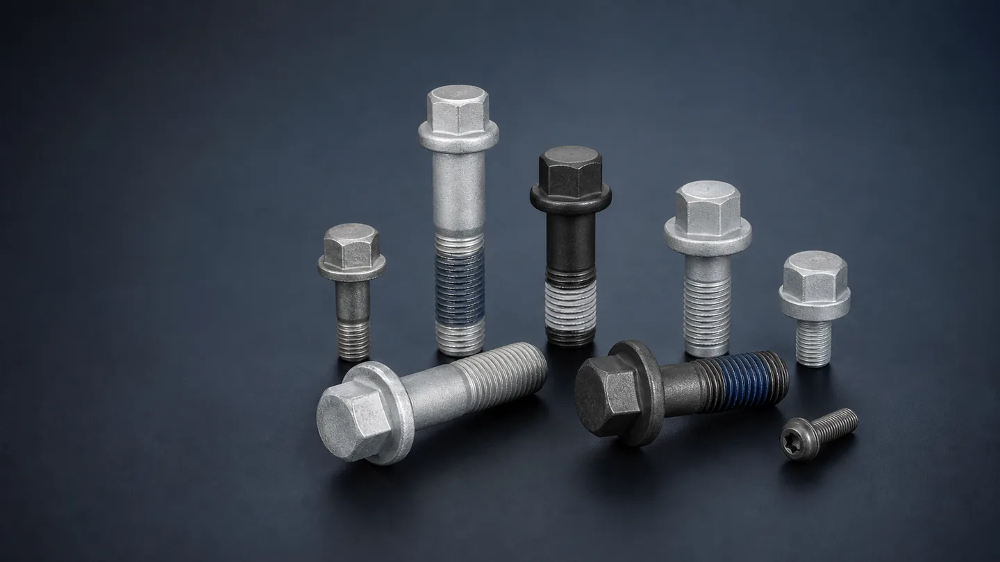 Brake and caliper bolt configurations with different lengths, heads, finishes and locking patches