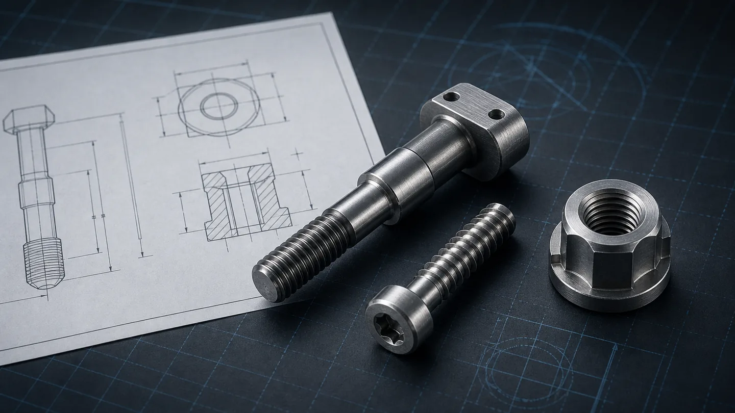 Custom bolt, screw and nut arranged beside a generic engineering drawing