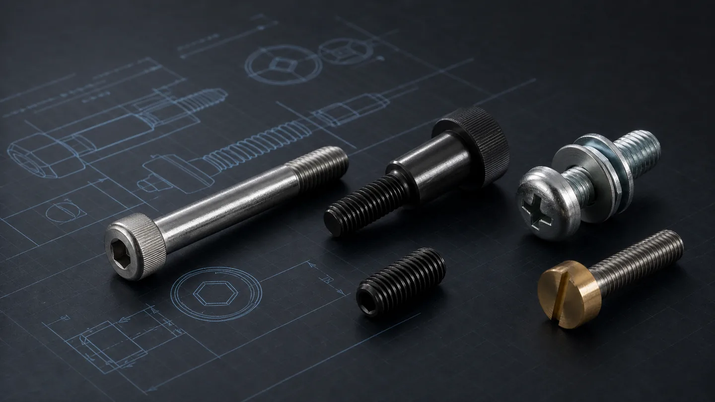 Custom screws with different geometries arranged over a generic engineering drawing