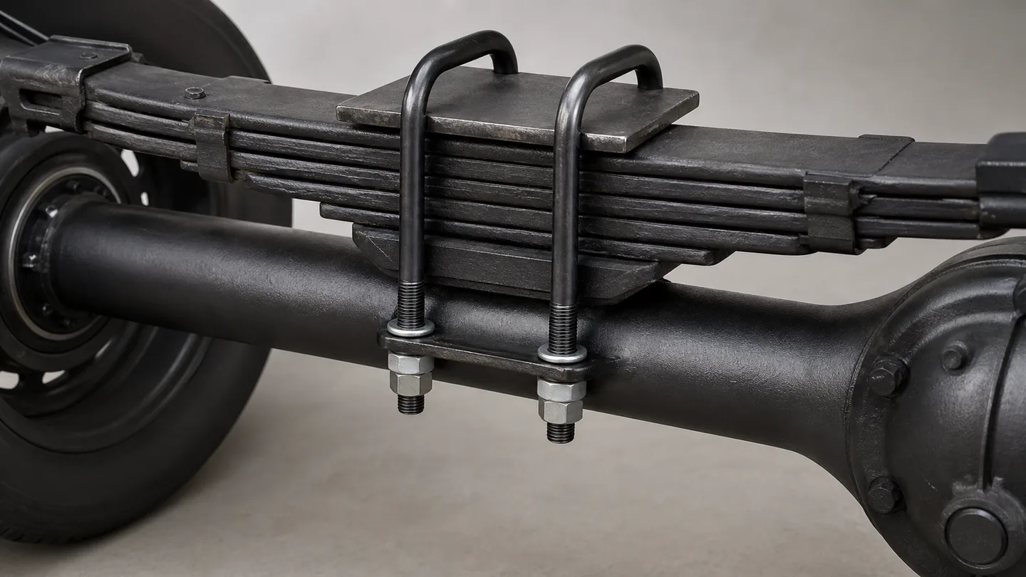 Trailer suspension U-bolts clamping a leaf-spring pack to an axle