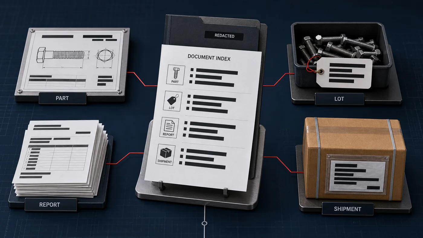 Redacted fastener document index linking part number, lot, reports and shipment references