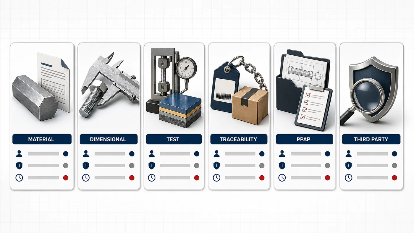 Fastener inspection document matrix for material, dimensional, test, traceability and PPAP records