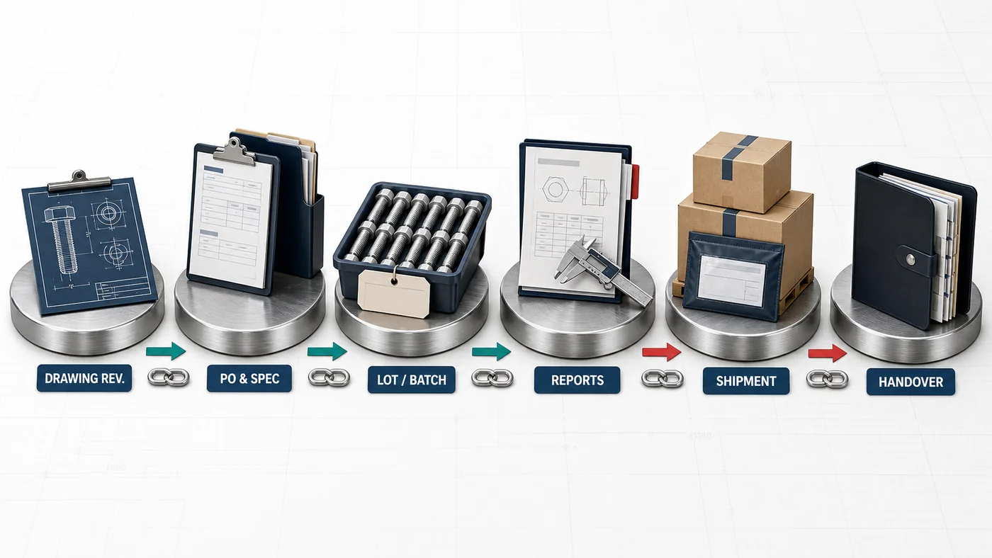 Fastener lot traceability chain from drawing revision and purchase order to shipment documents