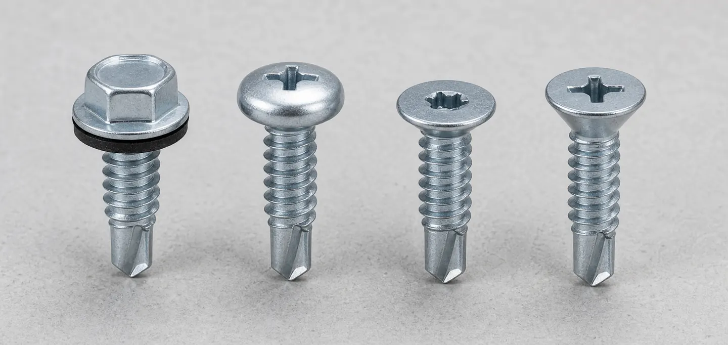 Hex, pan, wafer and countersunk self-drilling screw heads with drive and bonded washer options