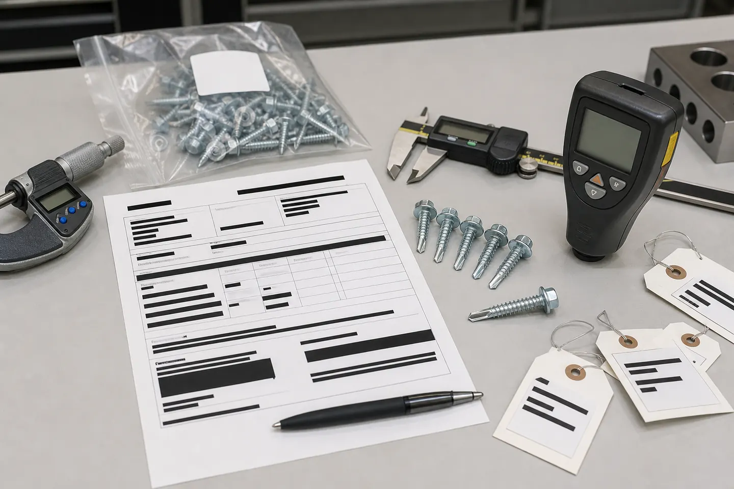 Redacted inspection document with gauges and self-drilling screw samples on a quality-control desk