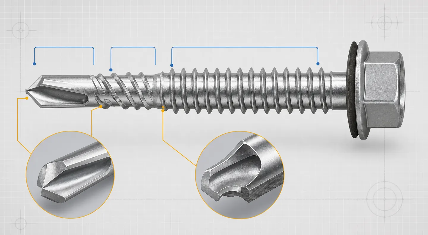 Engineering view of a self-drilling screw showing the drill point, cutting flutes and tapping thread