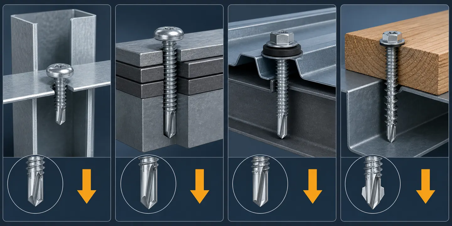Self-drilling screw selection matrix for steel thickness, head and washer options