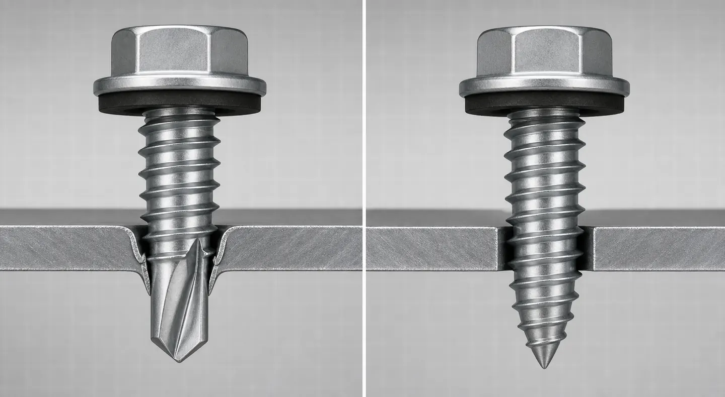 Self-drilling screw point compared with a self-tapping screw entering a prepared pilot hole