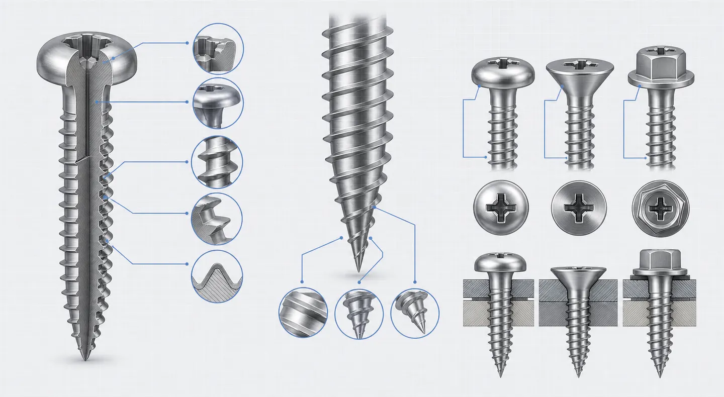 Self-tapping screw thread, point and head style diagram