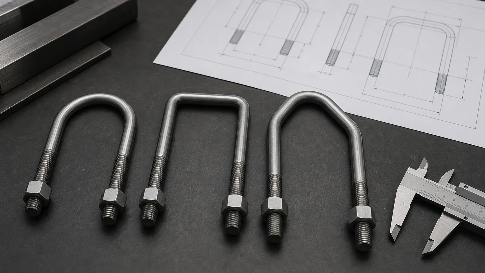 Custom and heavy-duty U-bolts shown with a dimensioned drawing for RFQ review