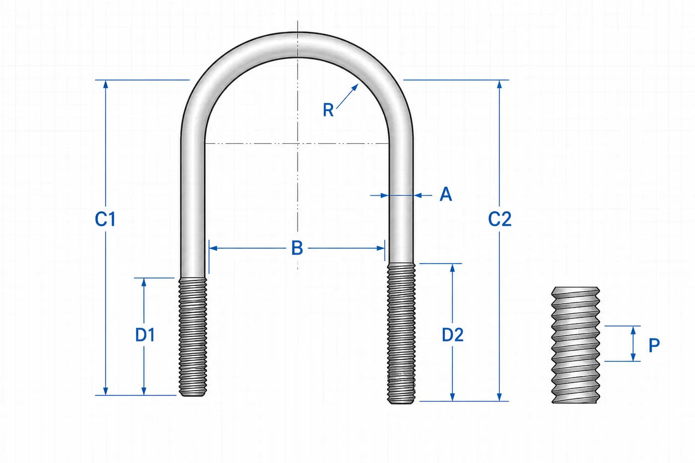 Custom U-bolt dimension diagram showing rod, width, height, leg, thread and bend radius