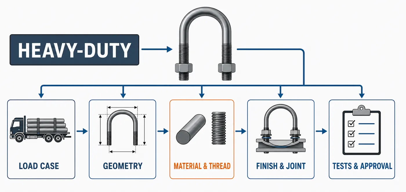 Heavy-duty U-bolt specification flow from load case to material, finish and testing