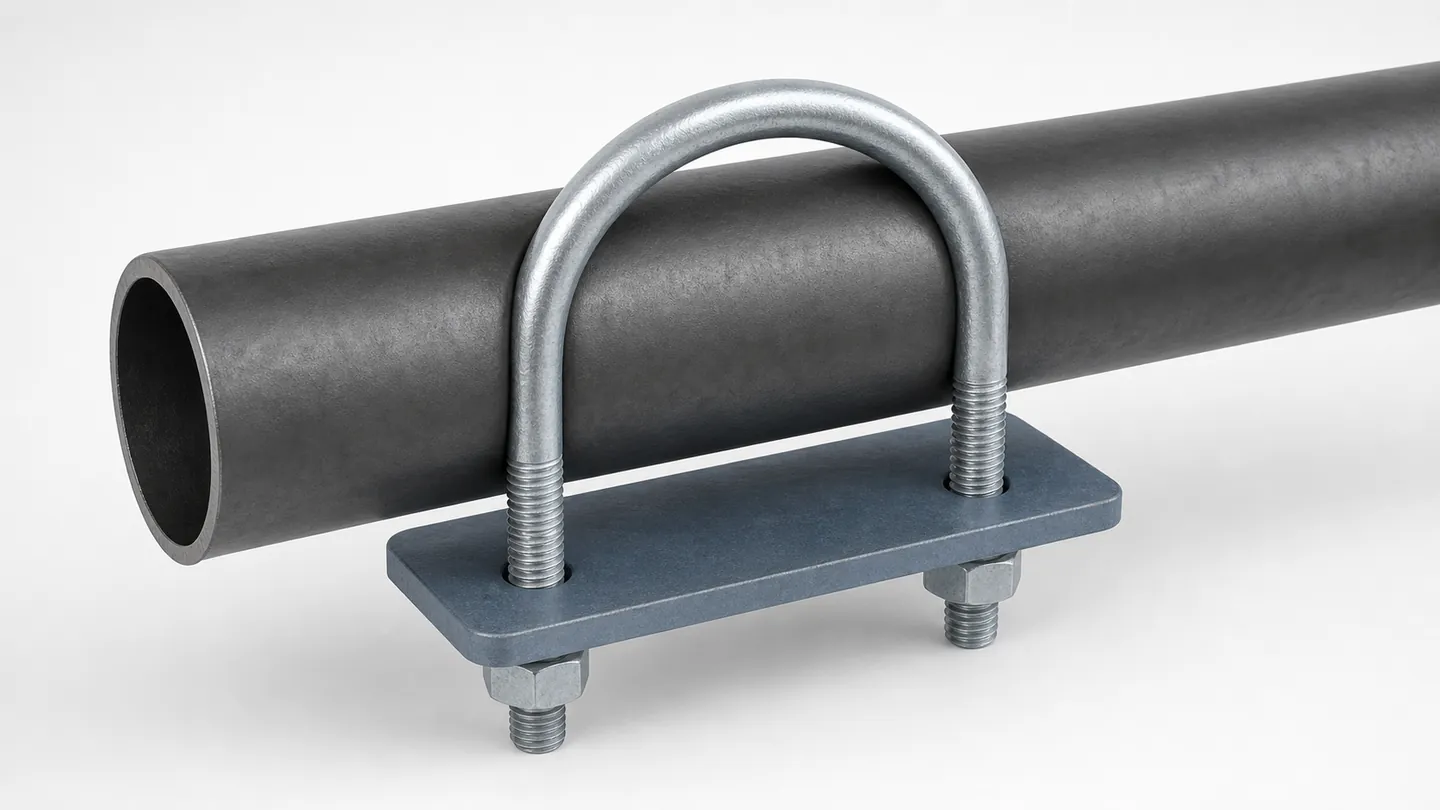 Round U-bolt positioned around a pipe with a mounting plate and threaded nuts
