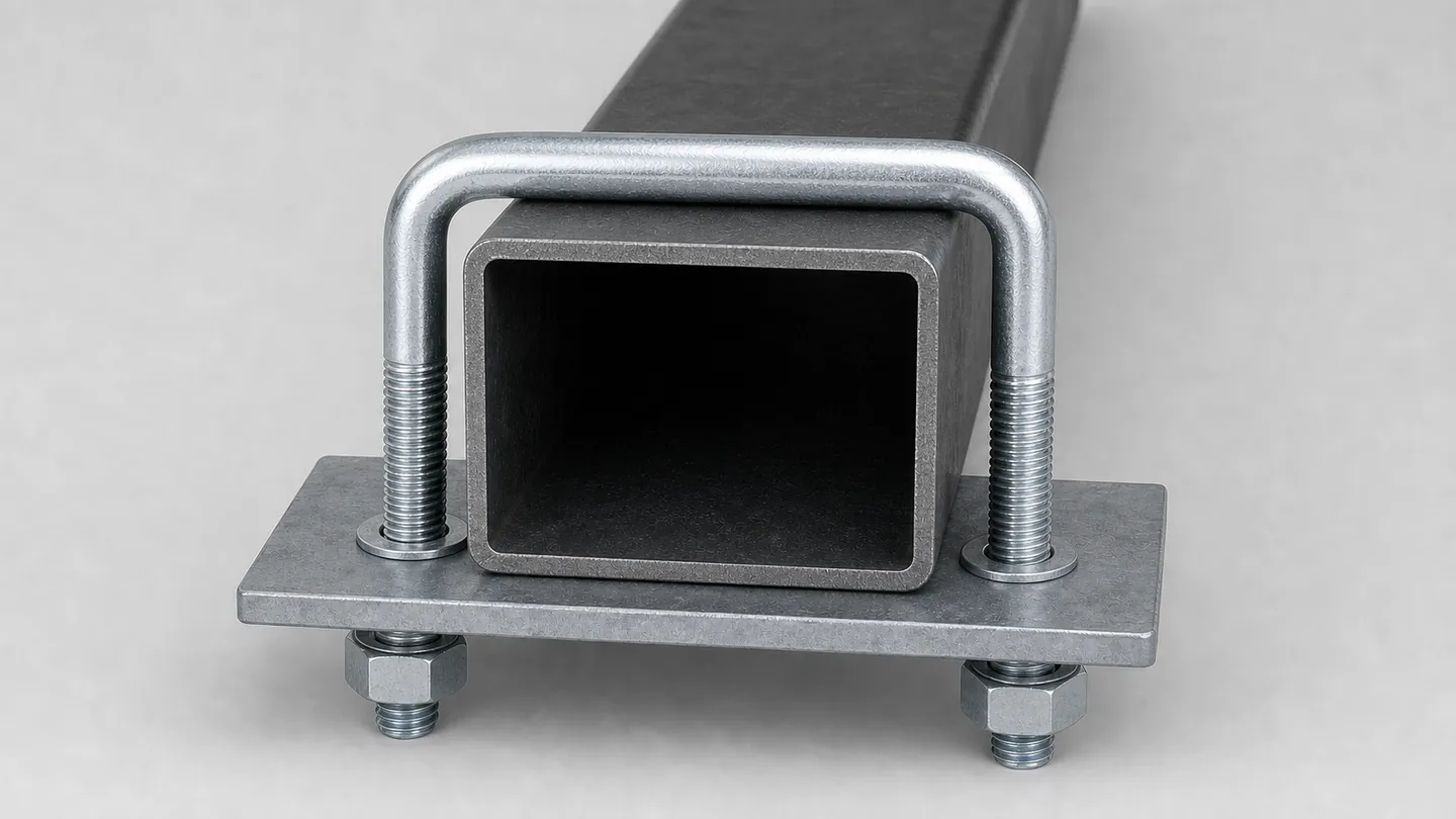 Square U-bolt fitted around a rectangular frame section with a mounting plate and nuts