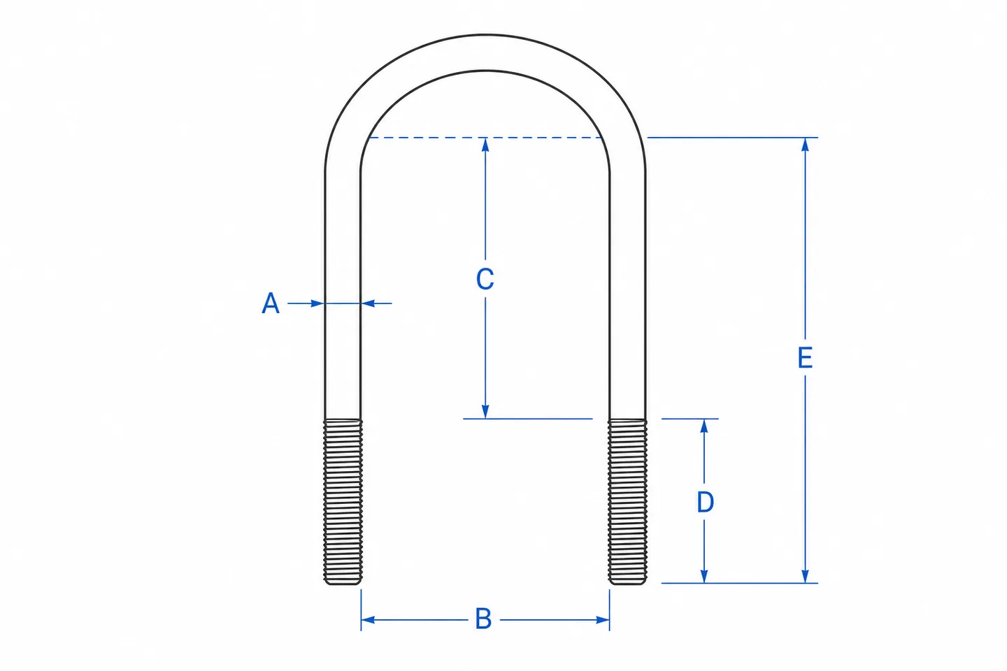 Leaf spring U-bolt dimension diagram showing rod diameter, inside width and leg length