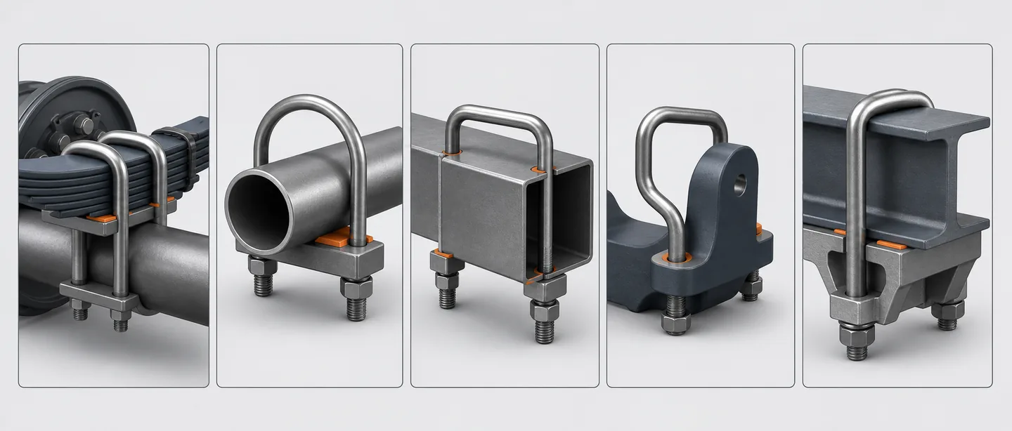 U-bolt configuration matrix for suspension, pipe, square, round and custom applications