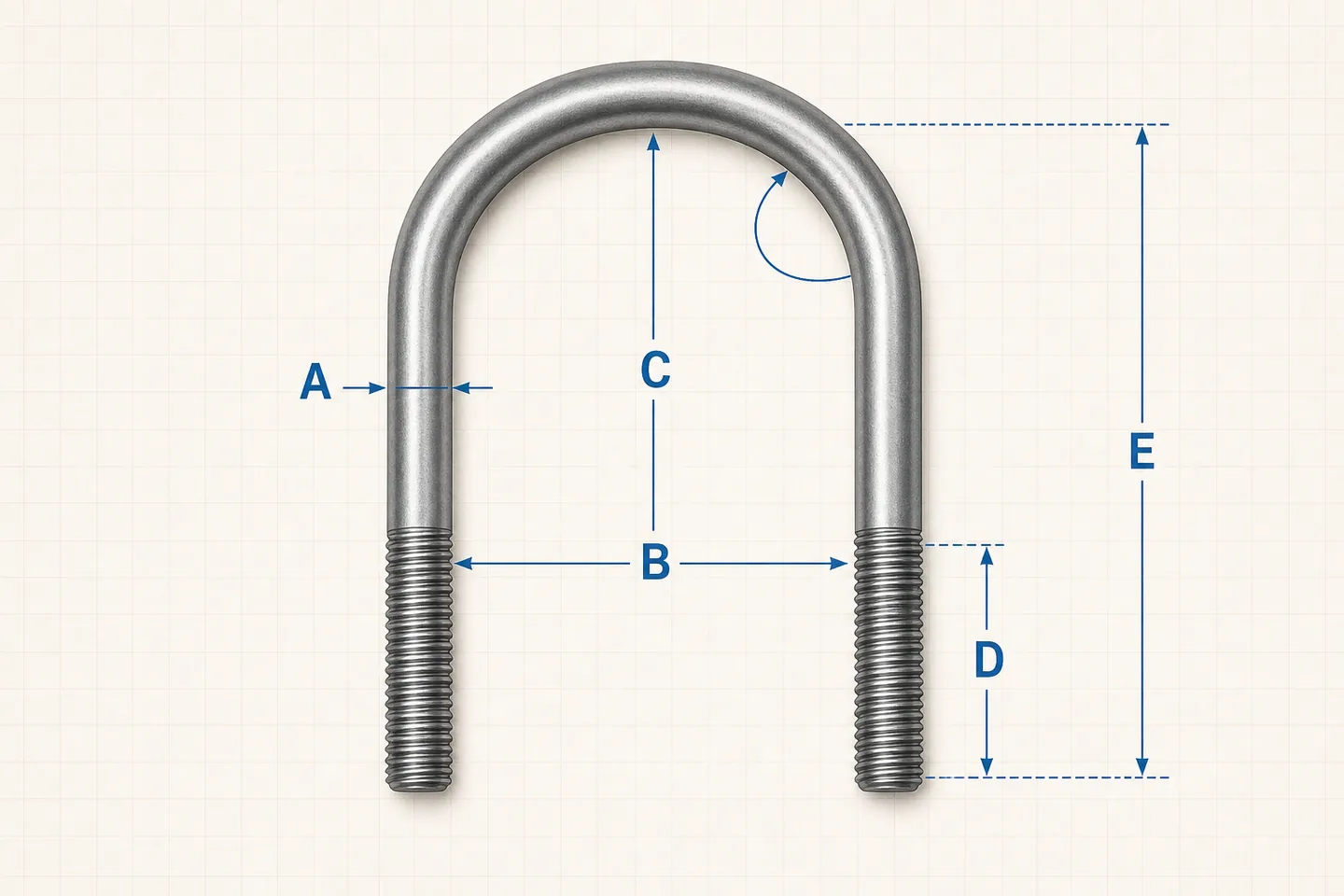 U-bolt dimension diagram showing rod diameter, inside width, leg and thread length