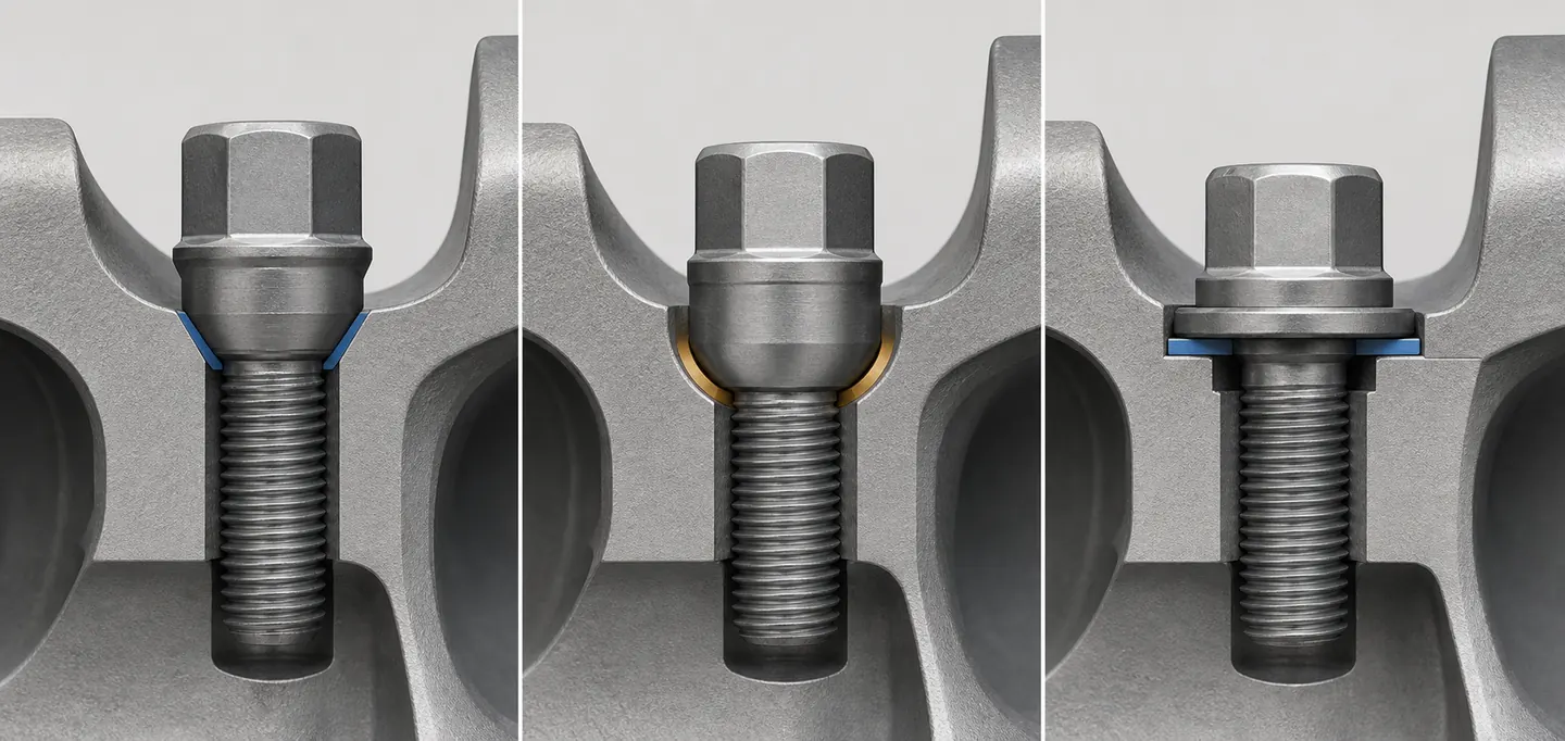 Wheel bolt seat geometry comparison showing conical, spherical and flat contact profiles