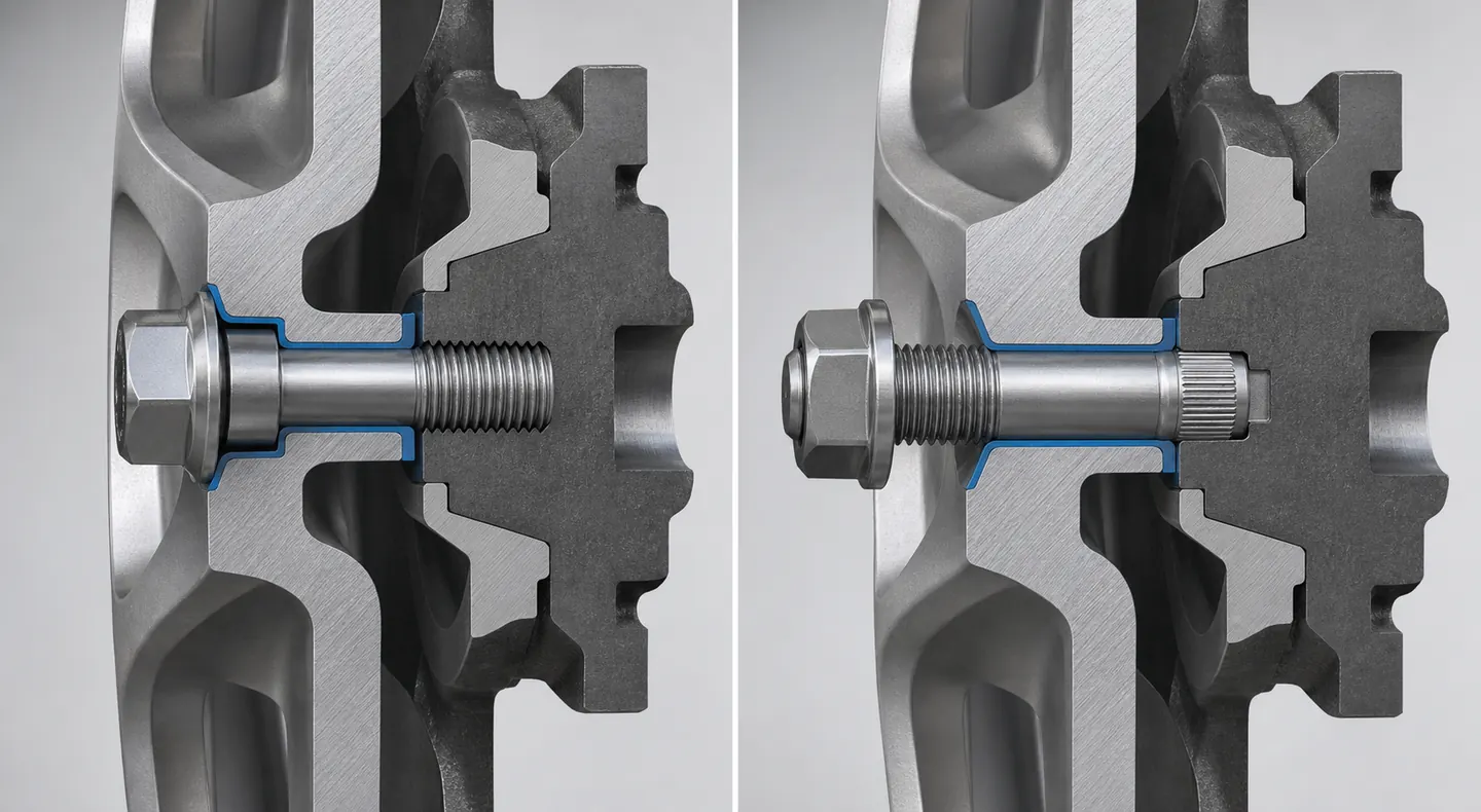 Wheel bolt and press-in wheel stud interface comparison at the wheel hub