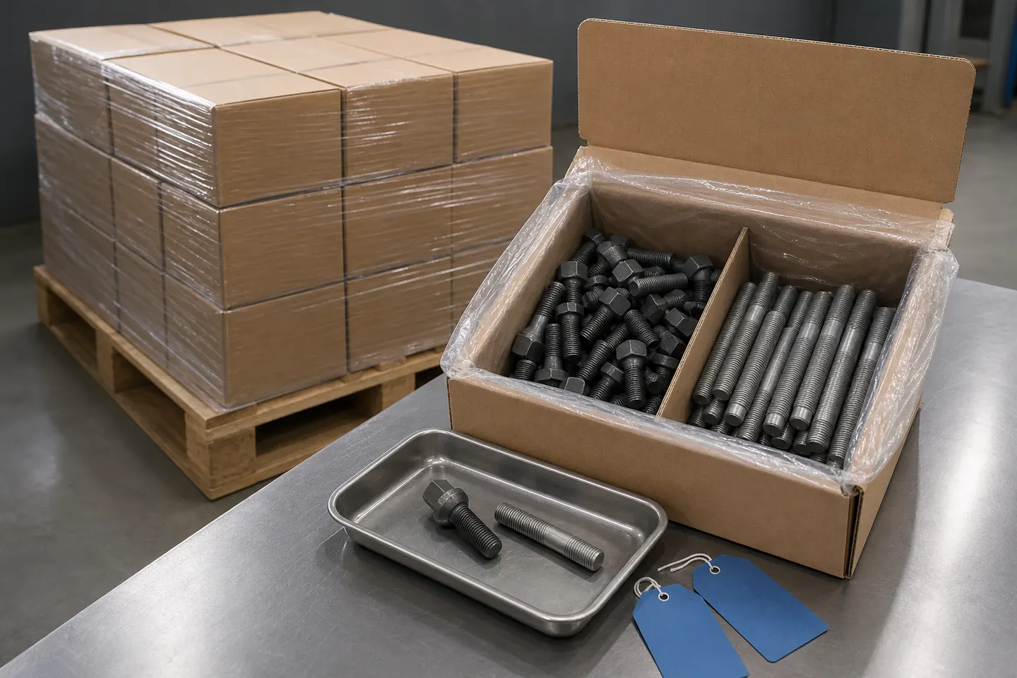 Wheel bolts and studs in representative export packaging with blank traceability tags