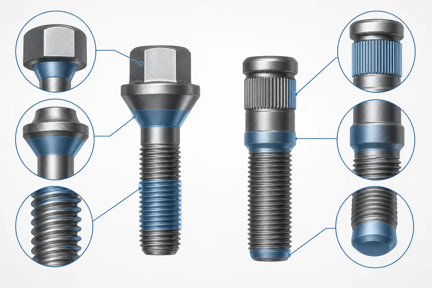 Wheel fastener RFQ diagram highlighting head, seat, thread, shoulder and knurl inputs